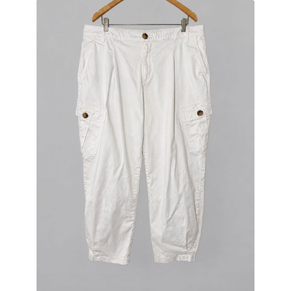 Amadi Anthropologie White Cotton Cargo Barrel  Pants XL Utility Cropped Made USA